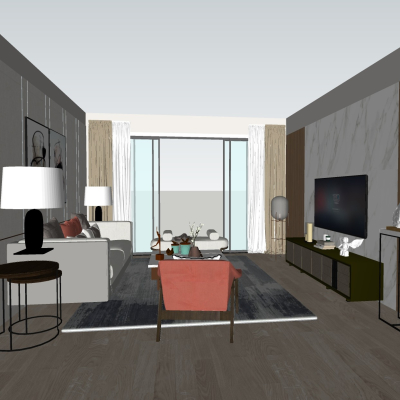 现代轻奢客厅餐厅su模型