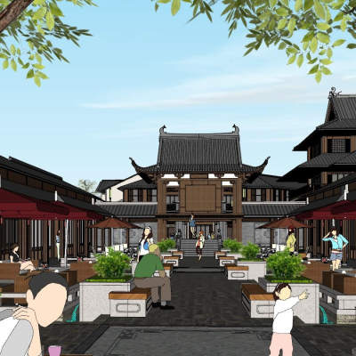  中式商业街su模型 