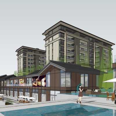  新中式住宅区商业街su模型 