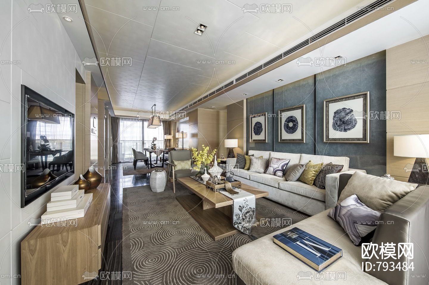 新中式样板房cad施工图下载（渲染图2）