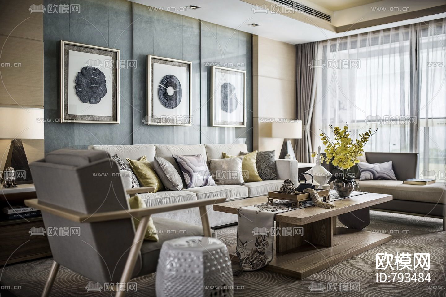 新中式样板房cad施工图下载（渲染图1）