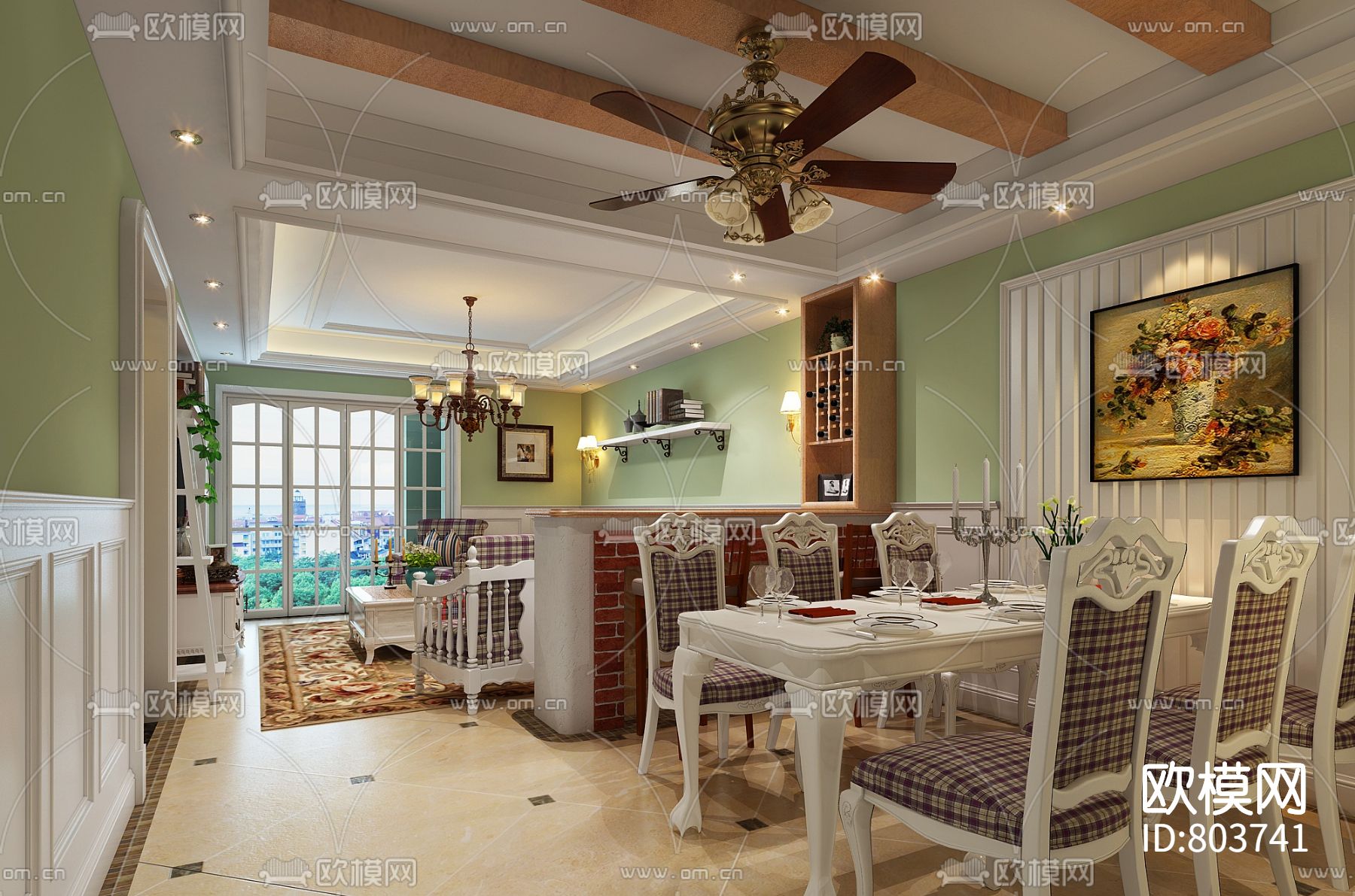 美式乡村样板房施工图下载（渲染图1）