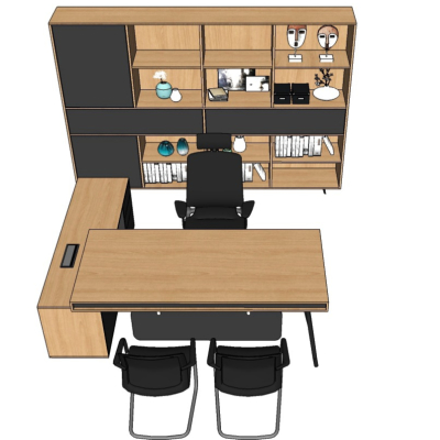  现代班台桌椅文件柜su模型 