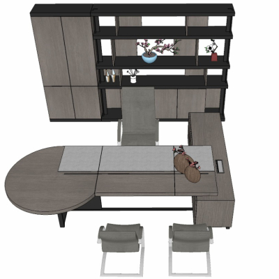  现代班台桌椅文件柜su模型 