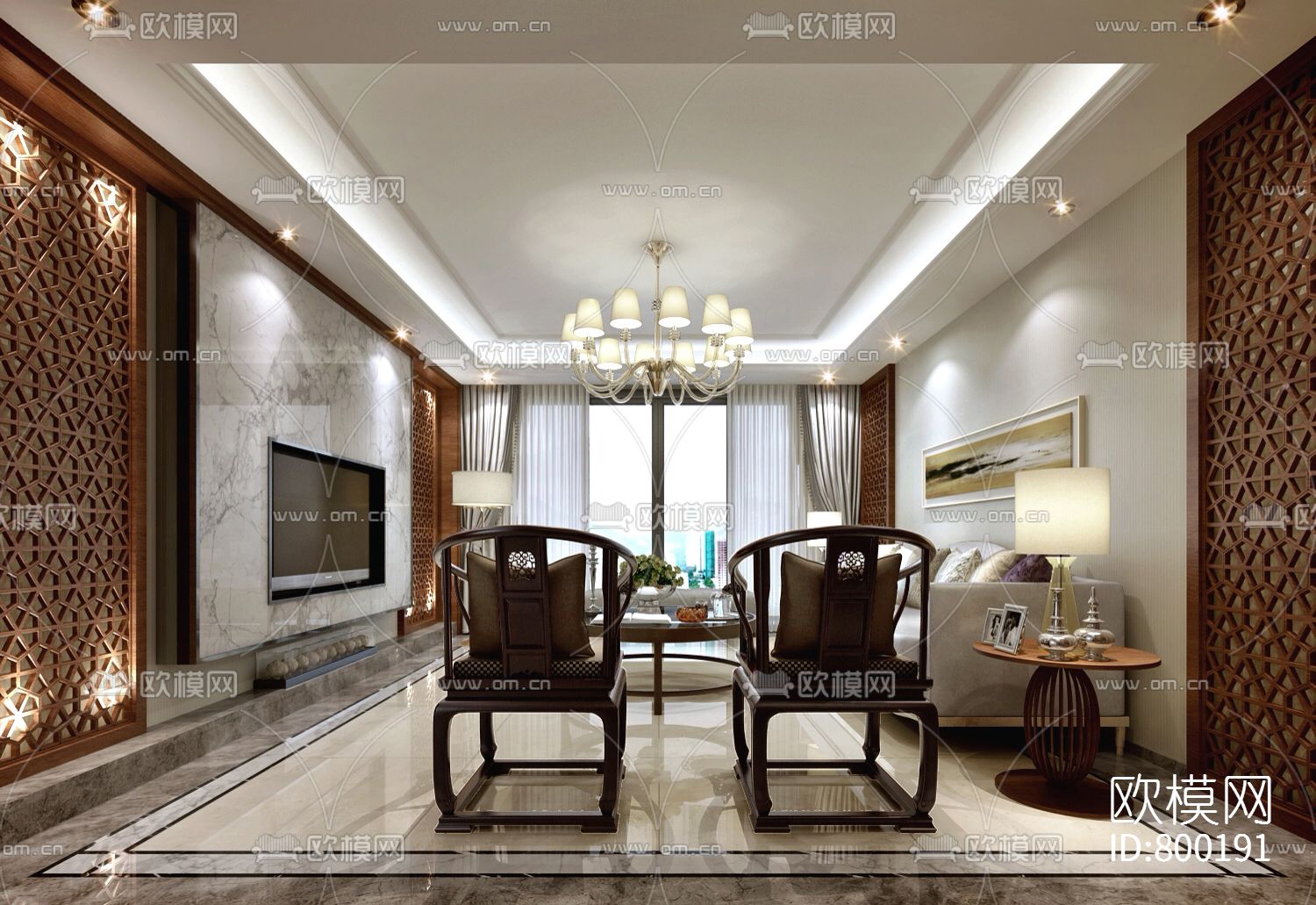 中式家居住宅CAD施工图下载（渲染图1）