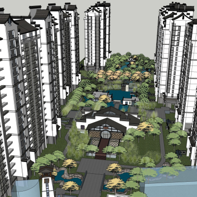  新中式小区规划su模型 