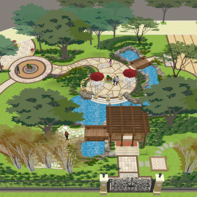  简欧公园鸟瞰su模型 