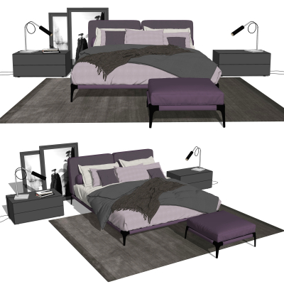现代布艺双人床su模型