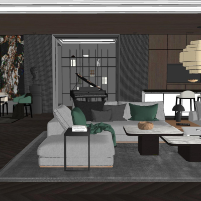 现代轻奢客厅餐厅su模型