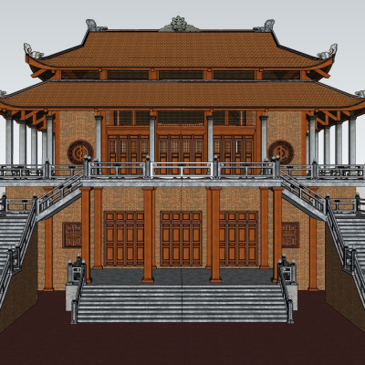 中式寺庙戏台古建su模型 