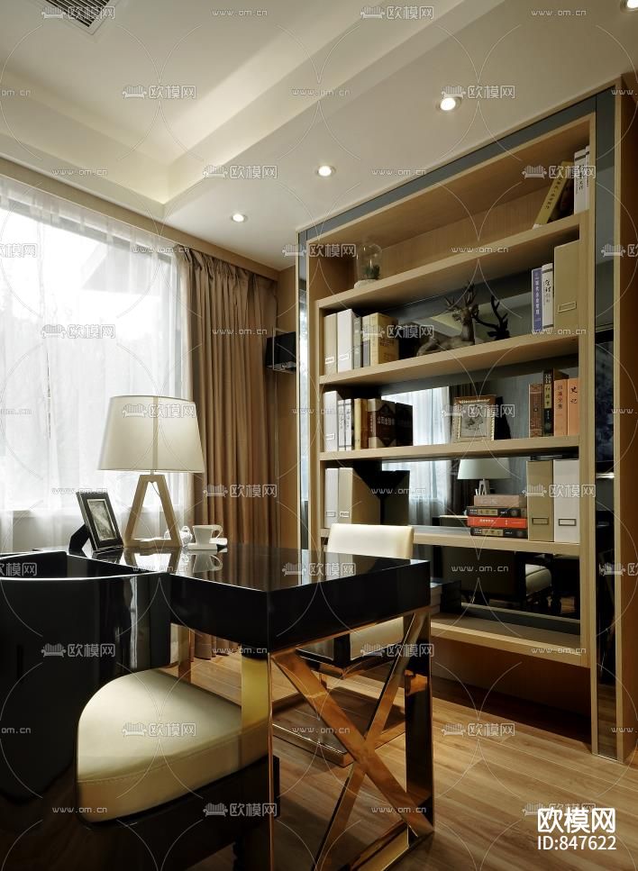 现代轻奢客餐厅书房样板间CAD施工图下载（渲染图3）