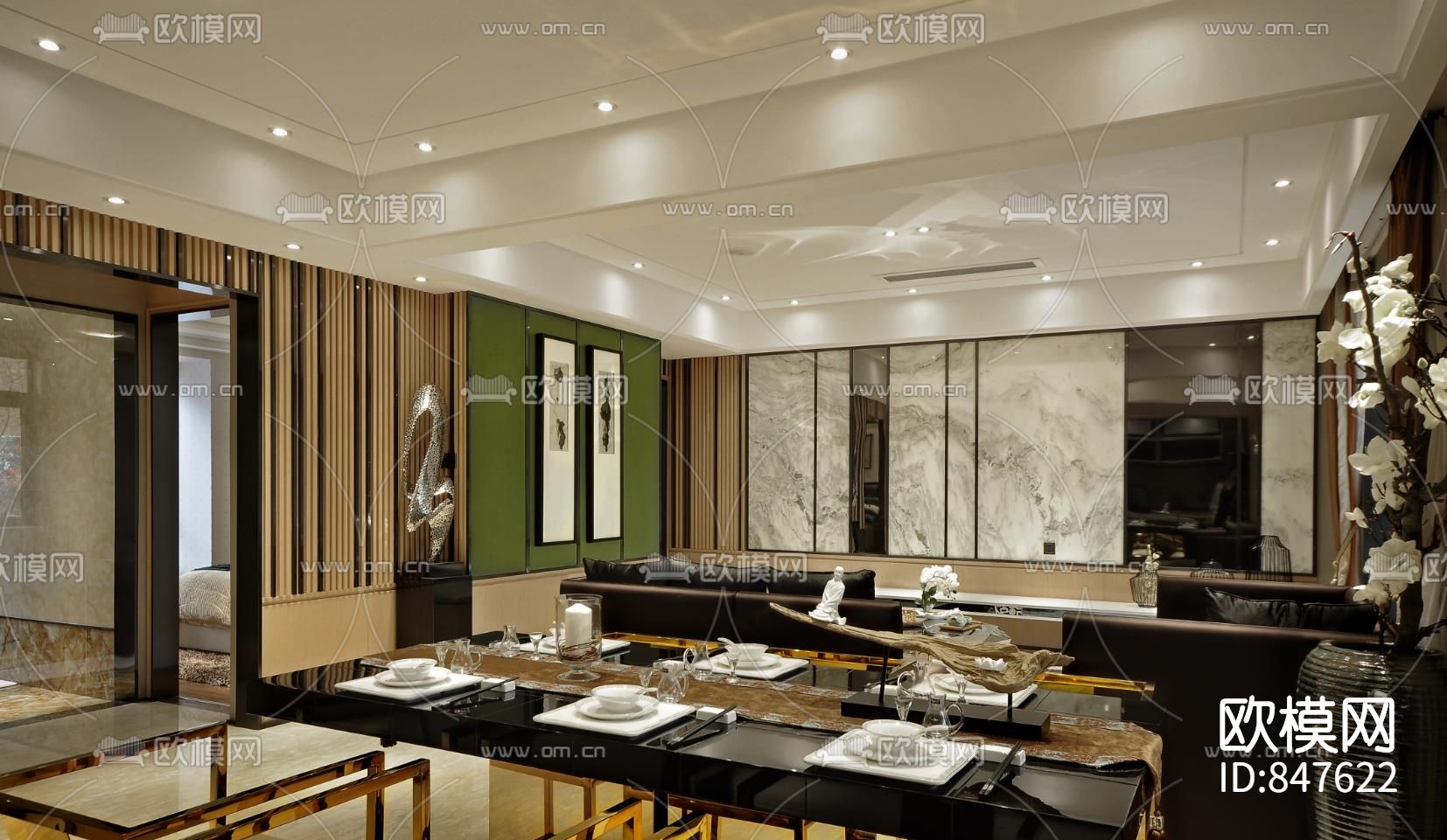 现代轻奢客餐厅书房样板间CAD施工图下载（渲染图2）