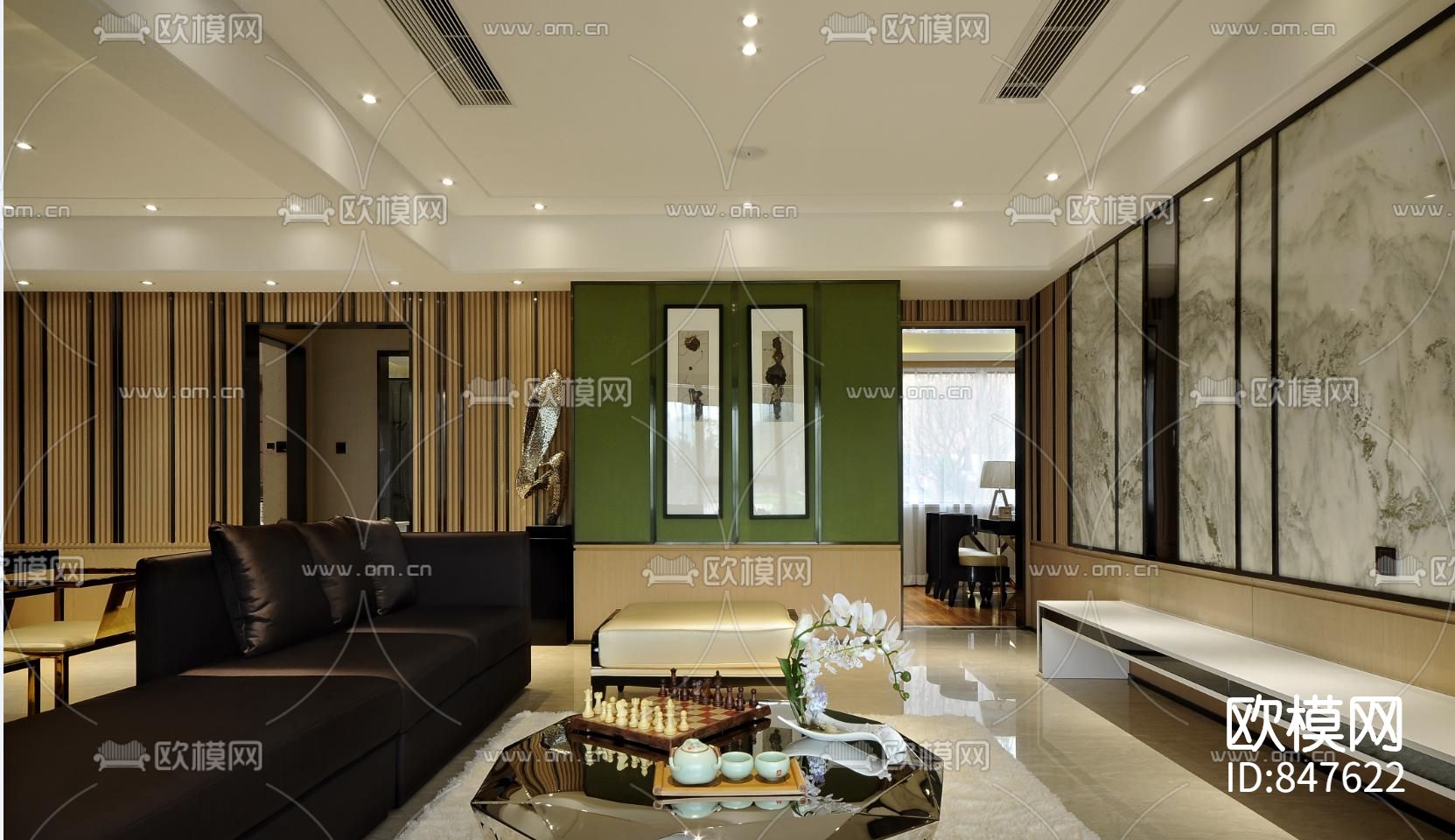 现代轻奢客餐厅书房样板间CAD施工图下载（渲染图1）