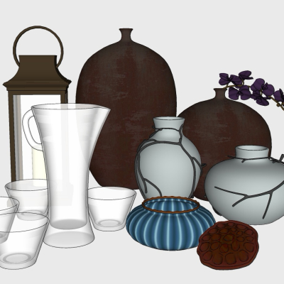  新中式陶罐杯子组合su模型 