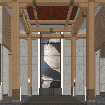  新中式酒店大堂su模型 