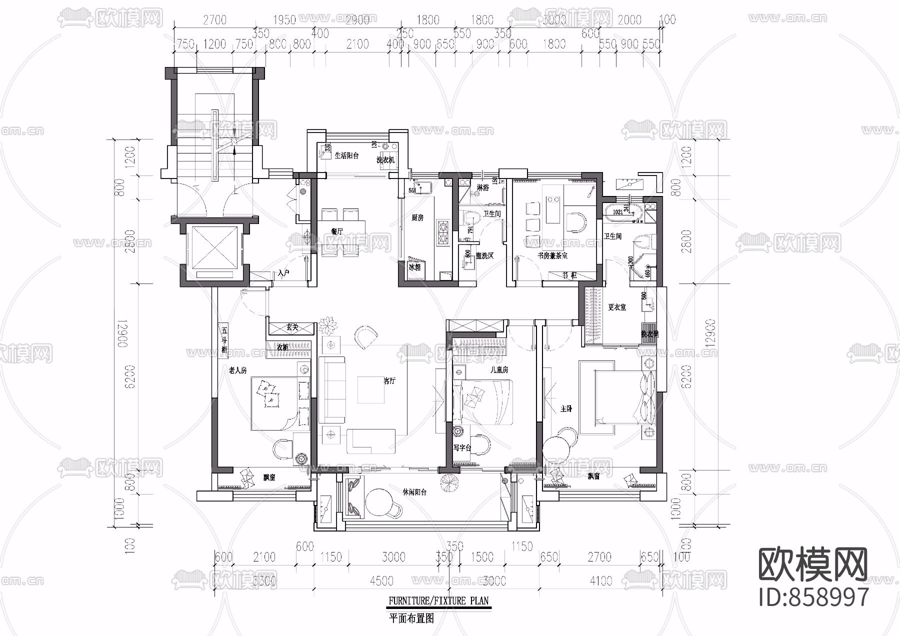家装平面水电插座布置图下载（渲染图1）
