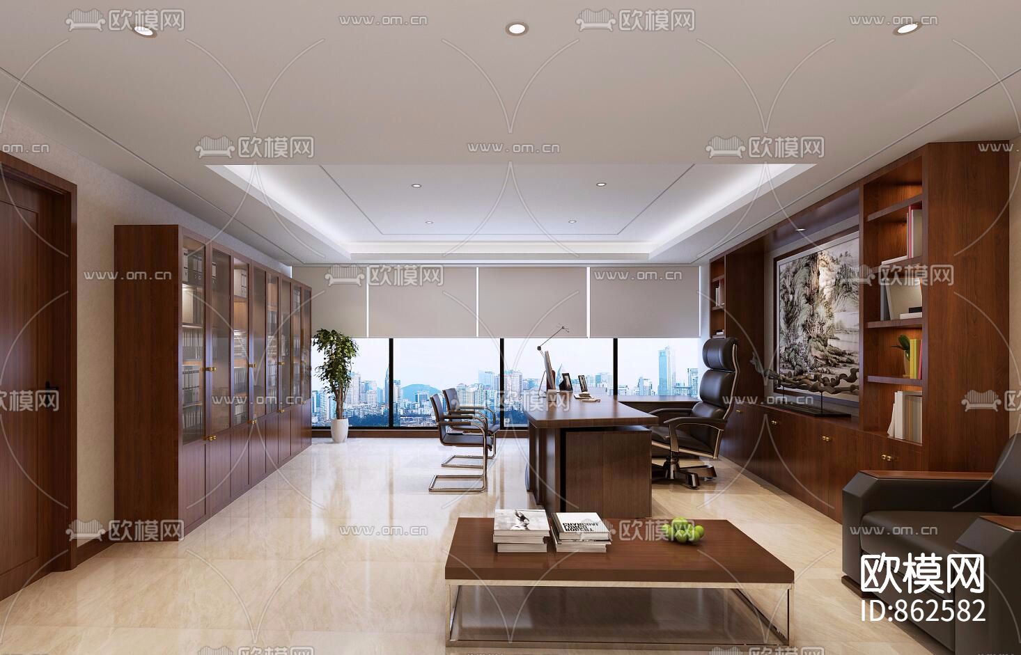 董事长办公室施工图（附效果图）下载（渲染图1）