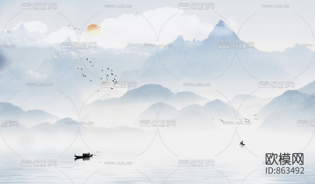 新中式水墨山水画下载（渲染图1）