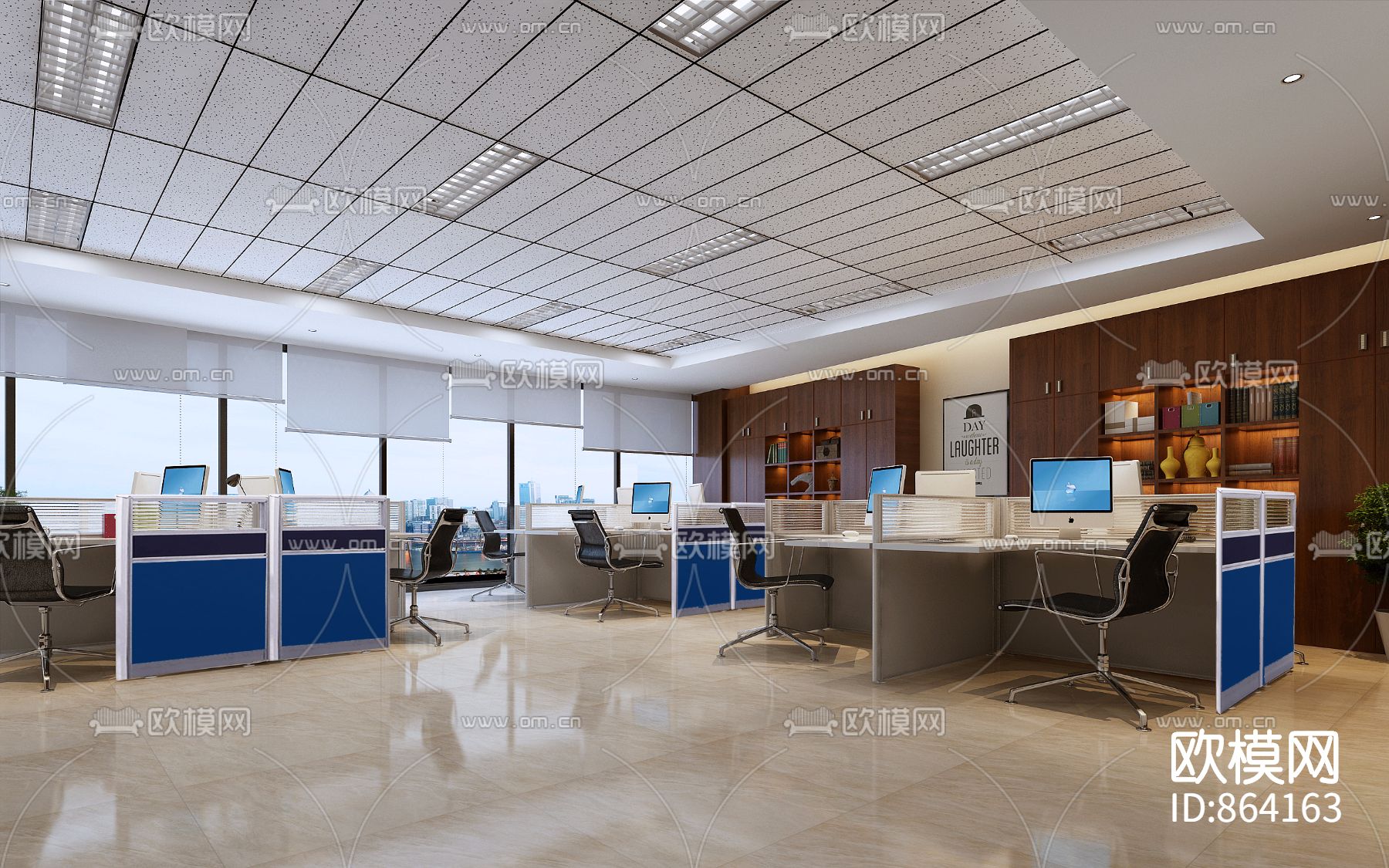 开敞办公室施工图（附效果图）下载（渲染图1）