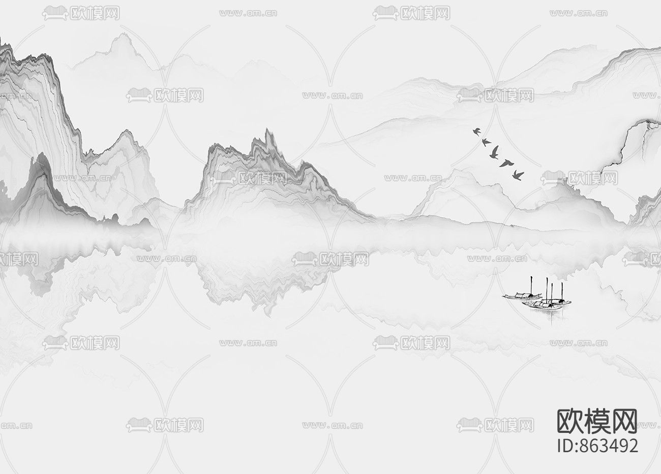 新中式水墨山水画下载（渲染图2）
