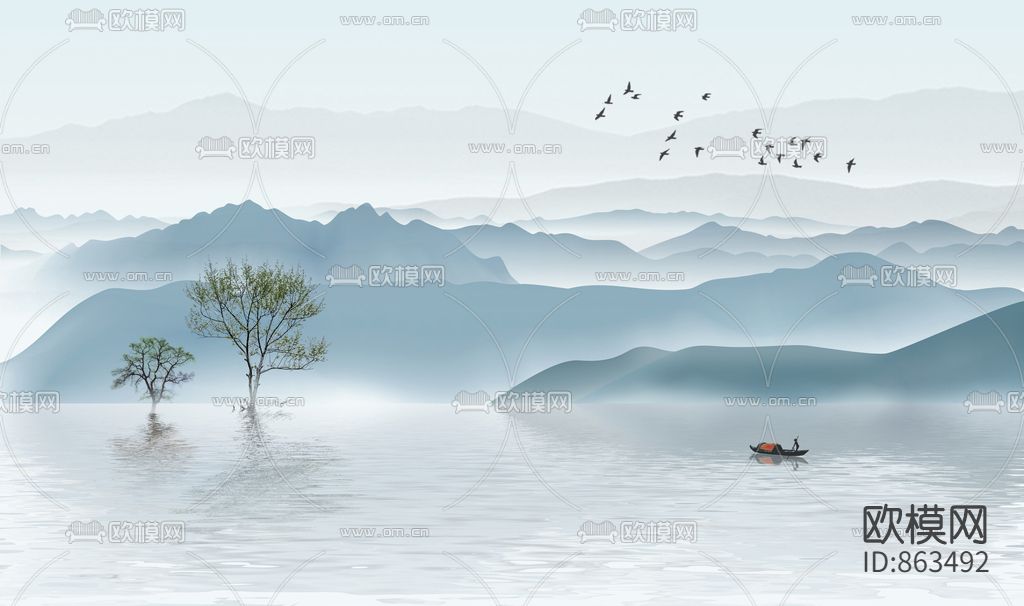 新中式水墨山水画下载（渲染图6）