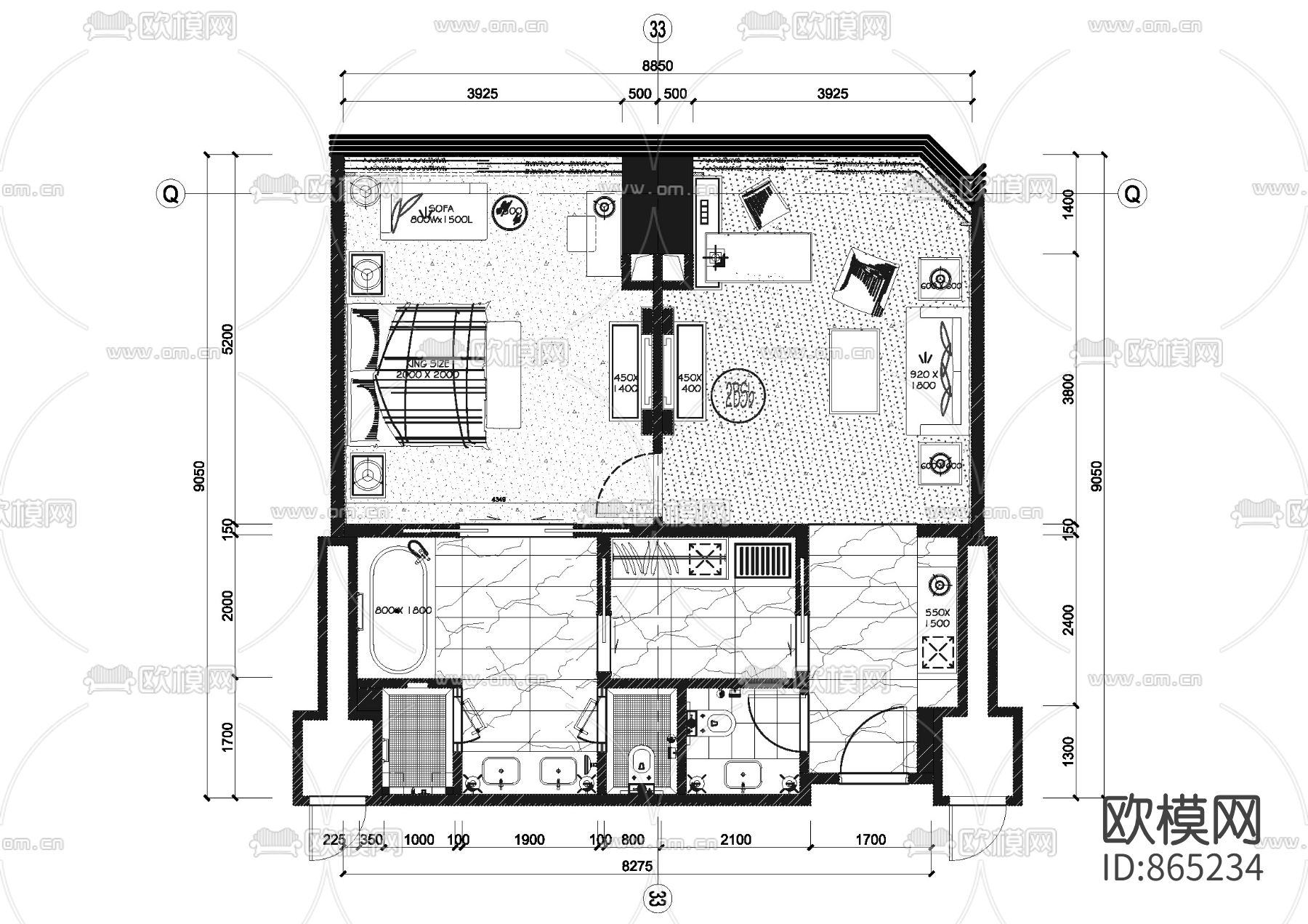 酒店宾馆大套房cad施工图下载（渲染图4）