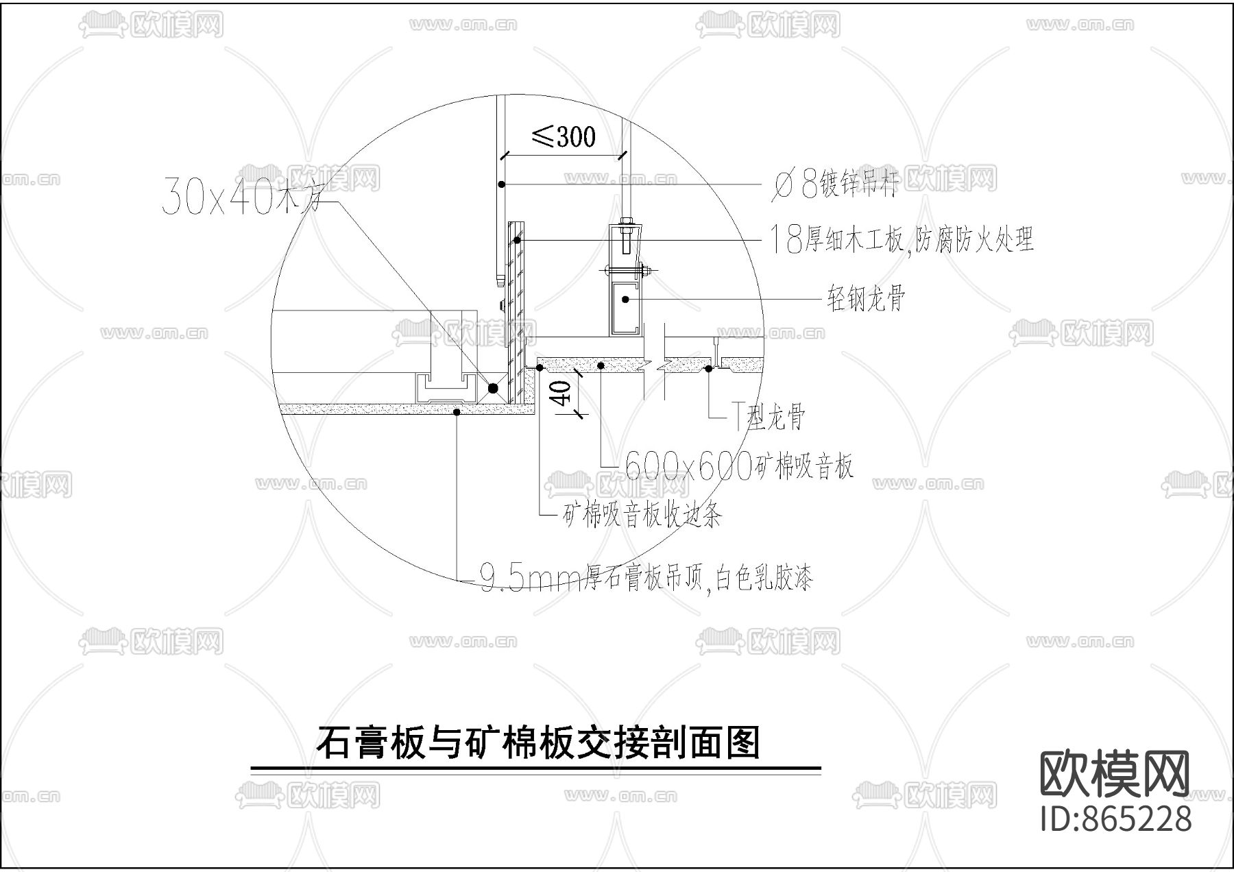 石膏板与矿棉板交接剖面图下载