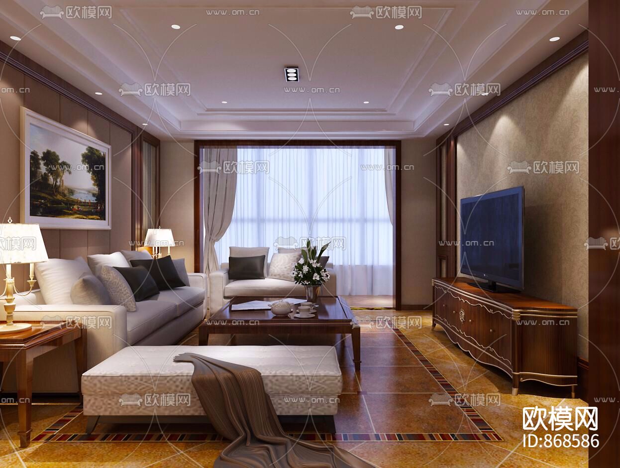 简欧家装施工图（附效果图）下载（渲染图1）