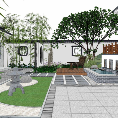  中式别墅庭院花园su模型 