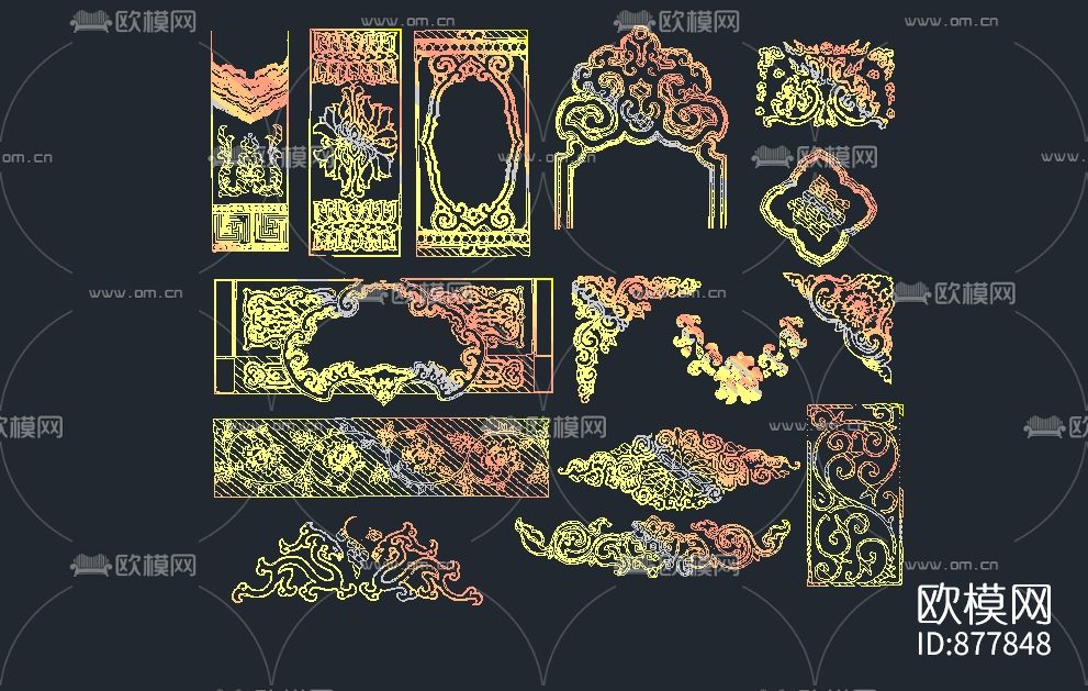 中式传统元素雕花图案CAD图库