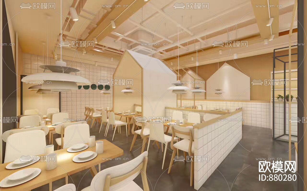 时尚网红餐厅店CAD施工图+效果图下载（渲染图1）