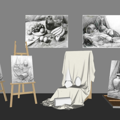  现代画架画具组合su模型 