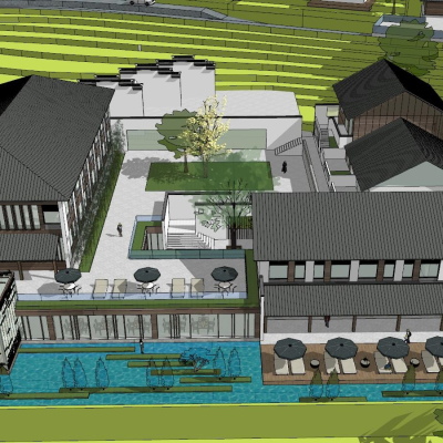  新中式名宿客栈su模型 