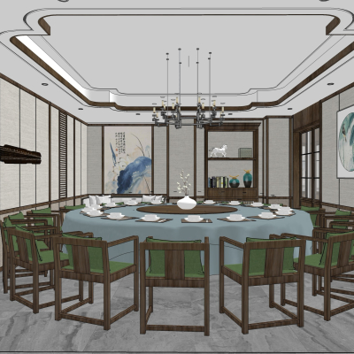  新中式餐厅包间su模型 