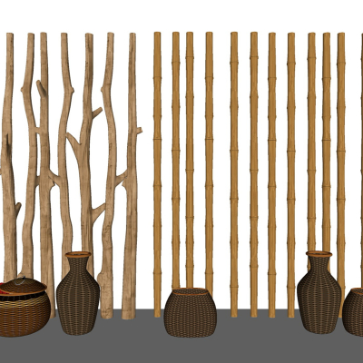  中式乡村竹子陶罐su模型 