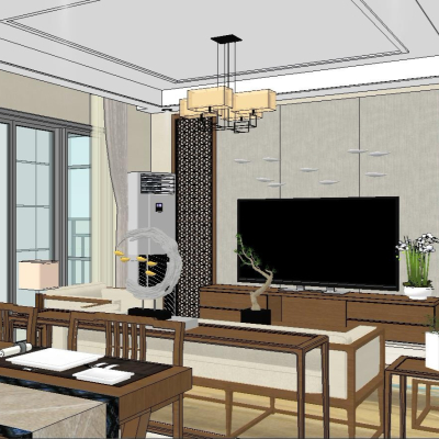  新中式公寓客餐厅su模型 
