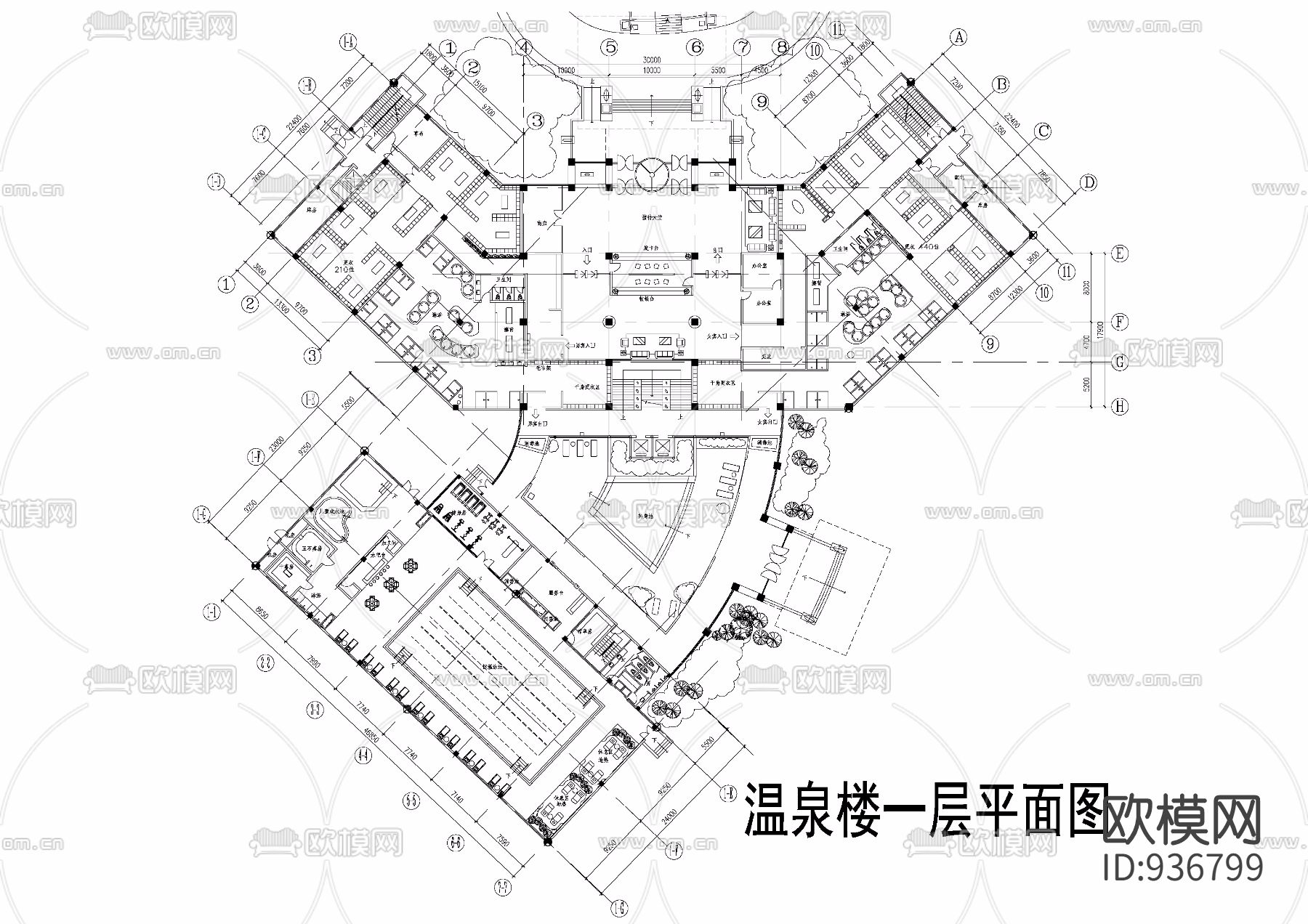 温泉楼三层平面方案图下载（渲染图1）