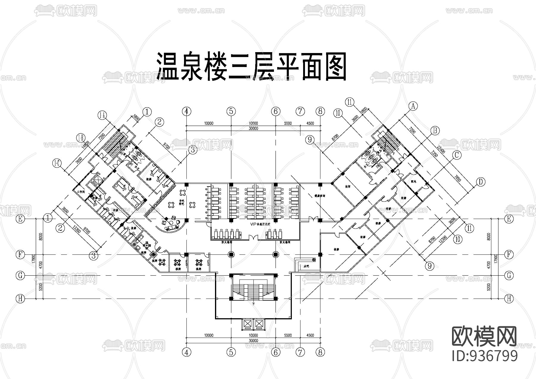 温泉楼三层平面方案图下载（渲染图2）
