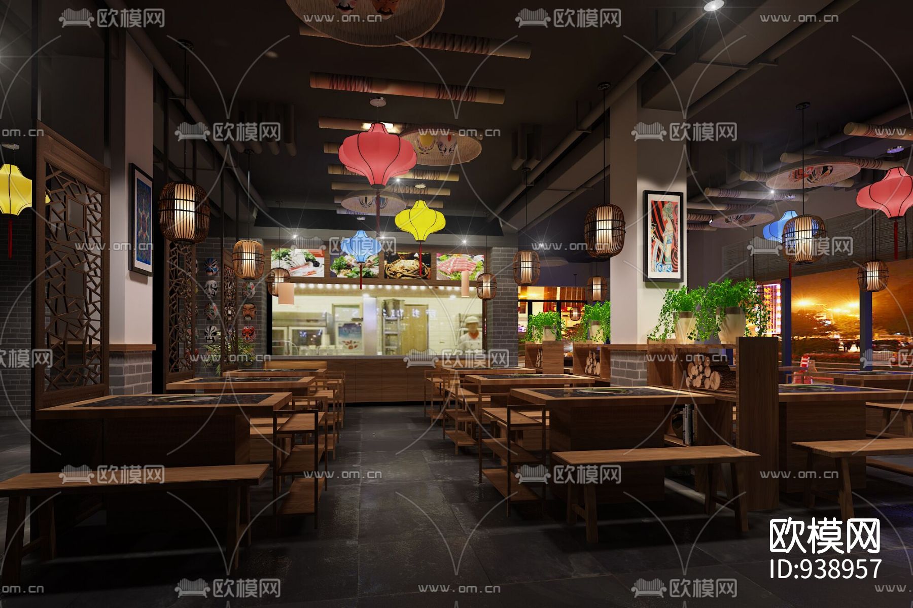 新中式火锅店设计图CAD下载（渲染图1）