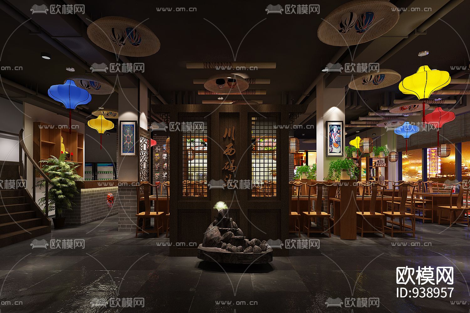 新中式火锅店设计图CAD下载（渲染图5）