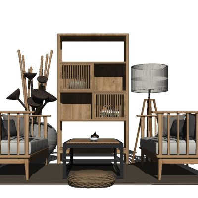  新中式实木休闲沙发su模型 