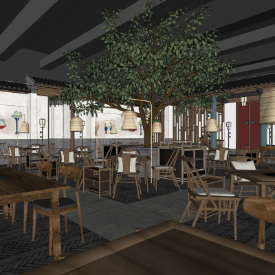  新中式餐厅su模型 