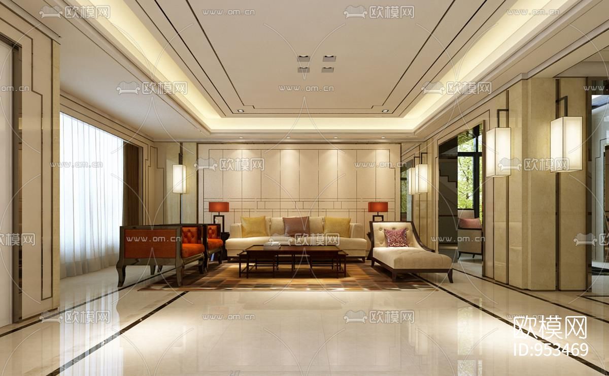 风景合院样板房一层装饰工程施工图下载（渲染图1）