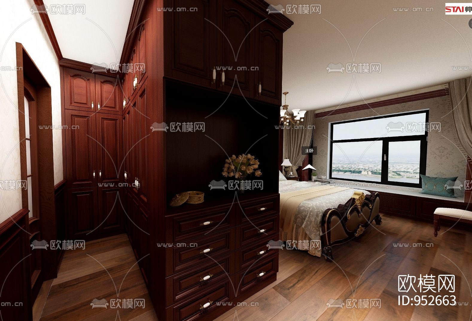 双湖花园全屋实木定制含效果图CAD施工图下载（渲染图9）