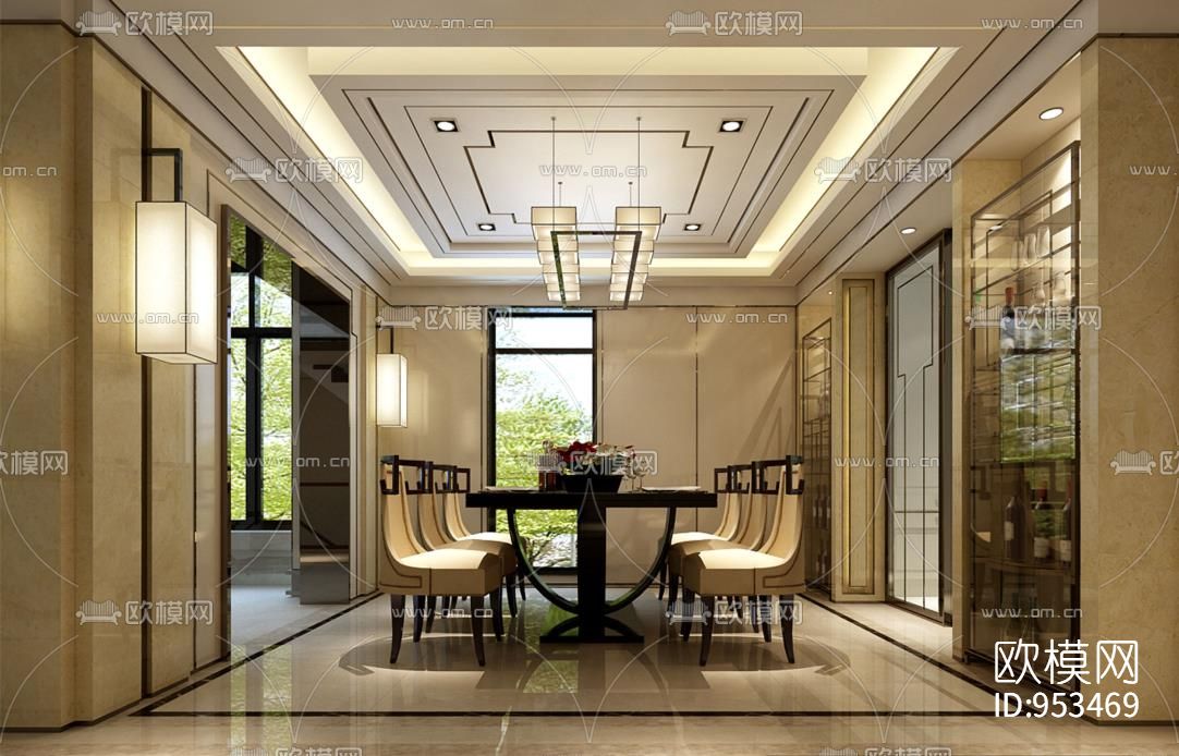 风景合院样板房一层装饰工程施工图下载（渲染图3）