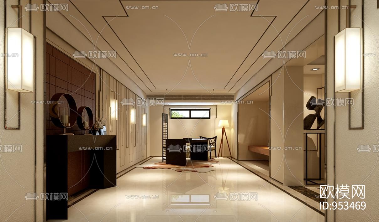 风景合院样板房一层装饰工程施工图下载（渲染图2）