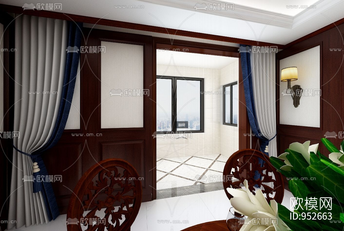 双湖花园全屋实木定制含效果图CAD施工图下载（渲染图6）