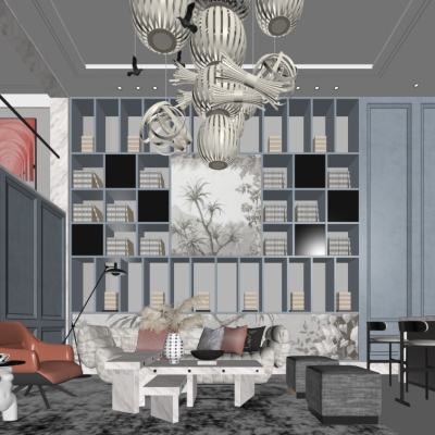  现代轻奢别墅大堂su模型 