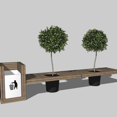  现代实木户外长椅垃圾桶绿植组合su模型 