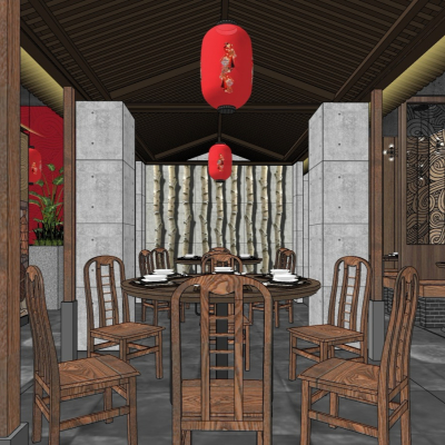  中式火锅店su模型 